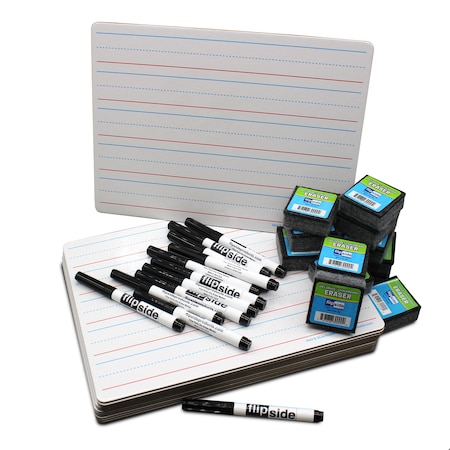 Flipside Red & Blue Ruled/Plain White Dry Erase Dual Sided Board + Black Marker + Student Eraser Set, 12PK 21034